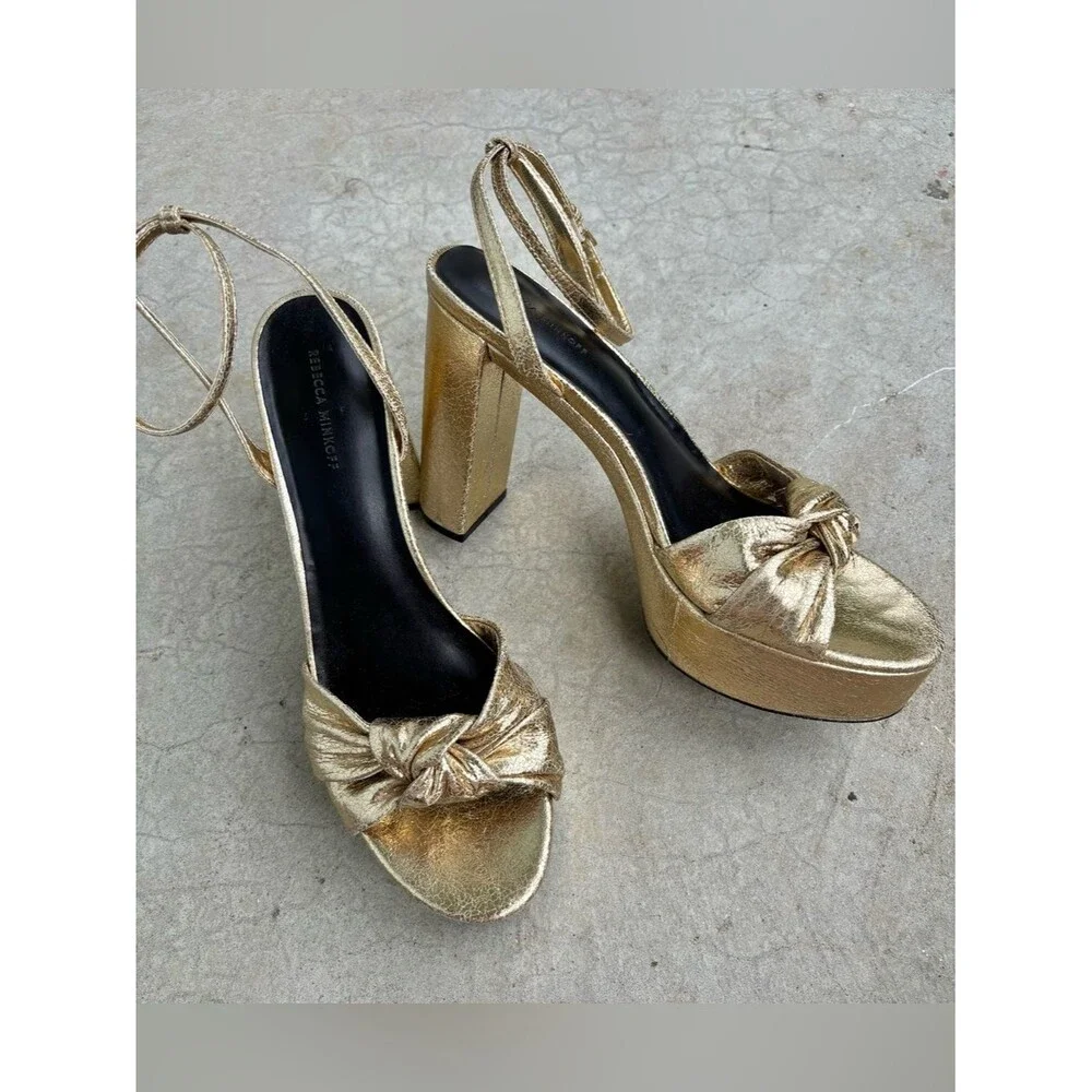 Rebecca Minkoff Gold Platform Heels Metallic Bow Ankle Strap Sandals Glam 11